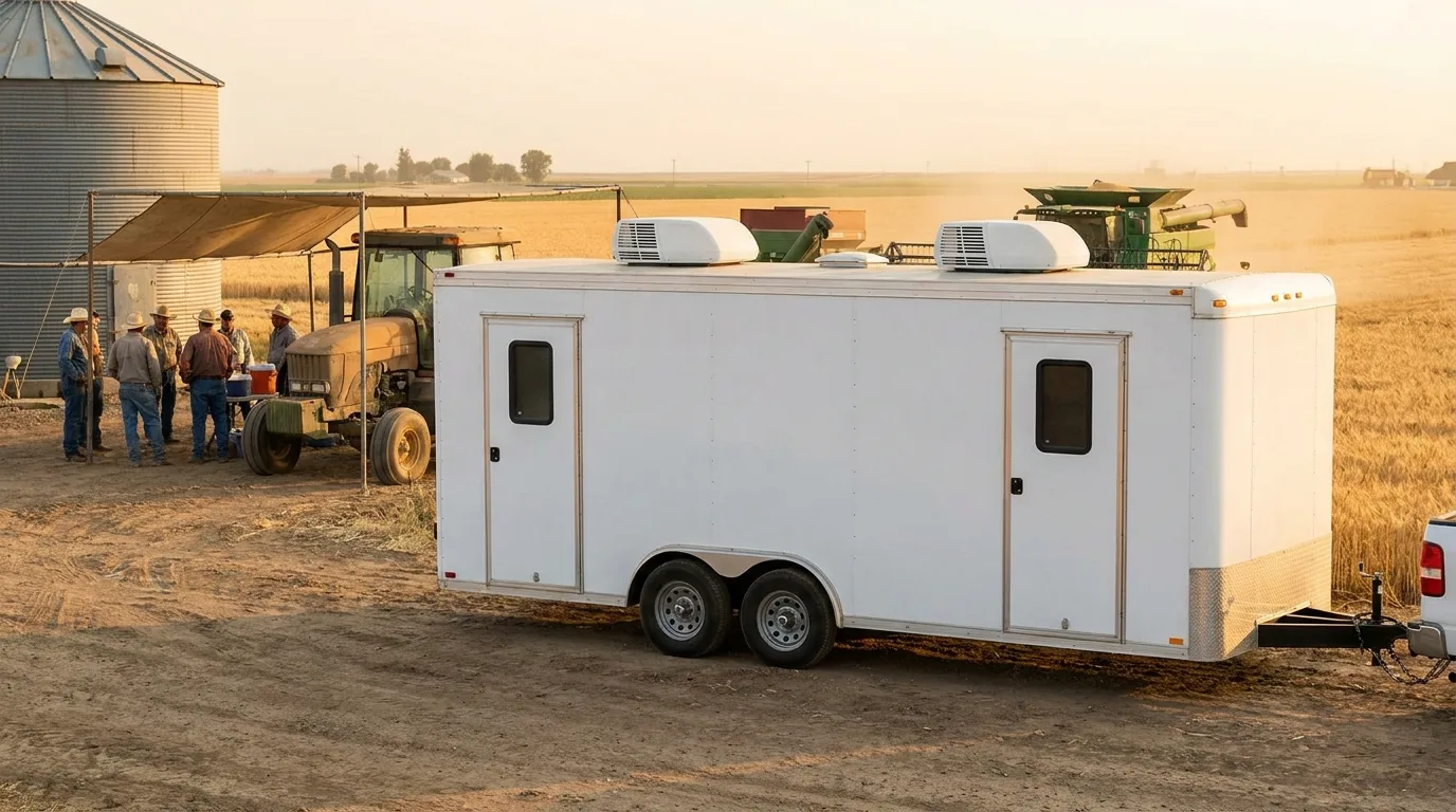 Break room trailer at a farm equipment yard during harvest