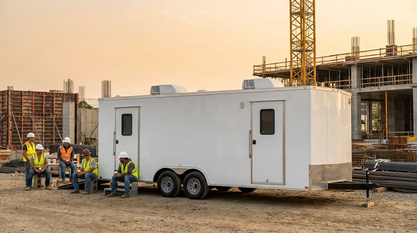 Break room trailer serving a commercial construction crew