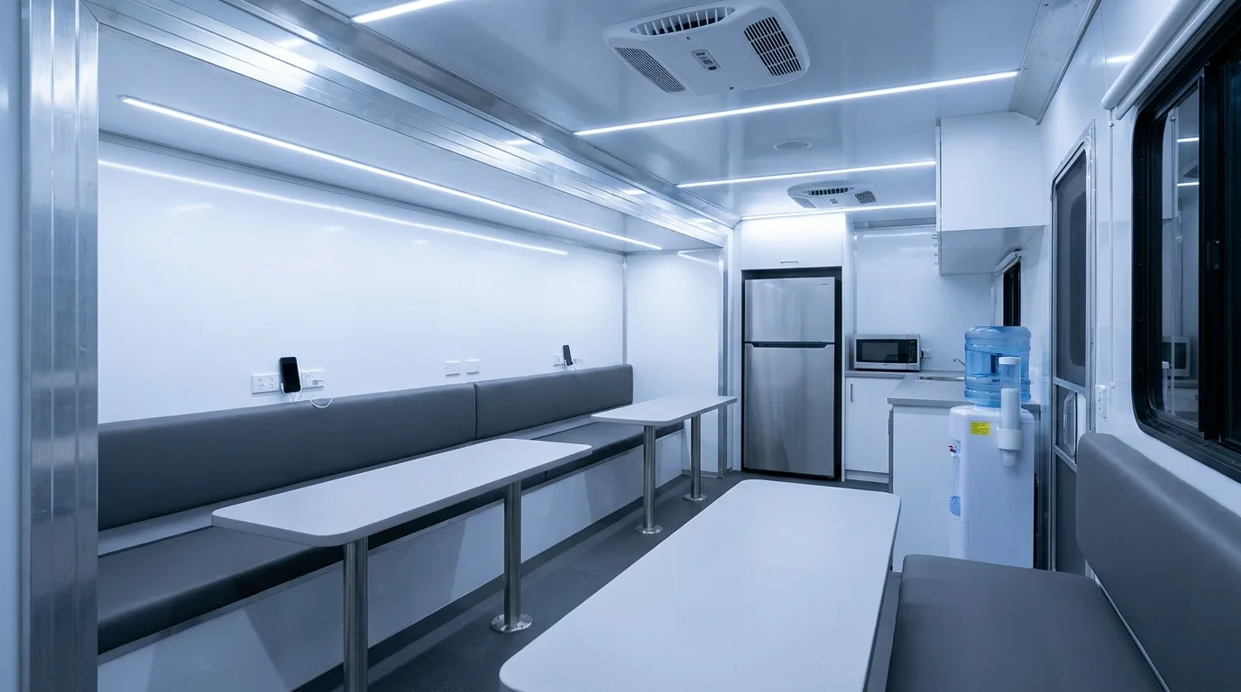 Break room trailer interior with seating, tables, refrigerator and microwave