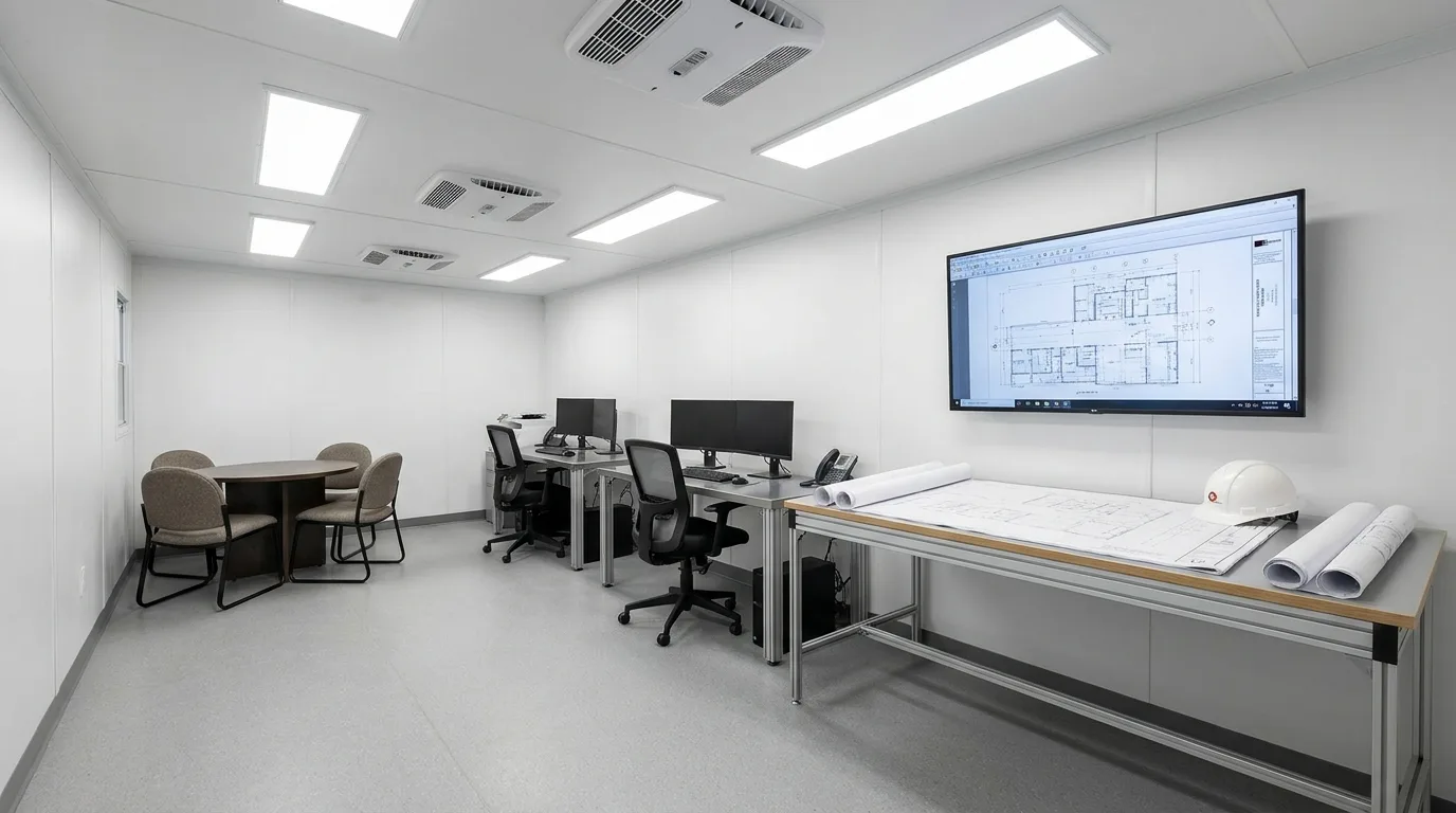 Mobile office trailer interior with desks, plan table and monitor